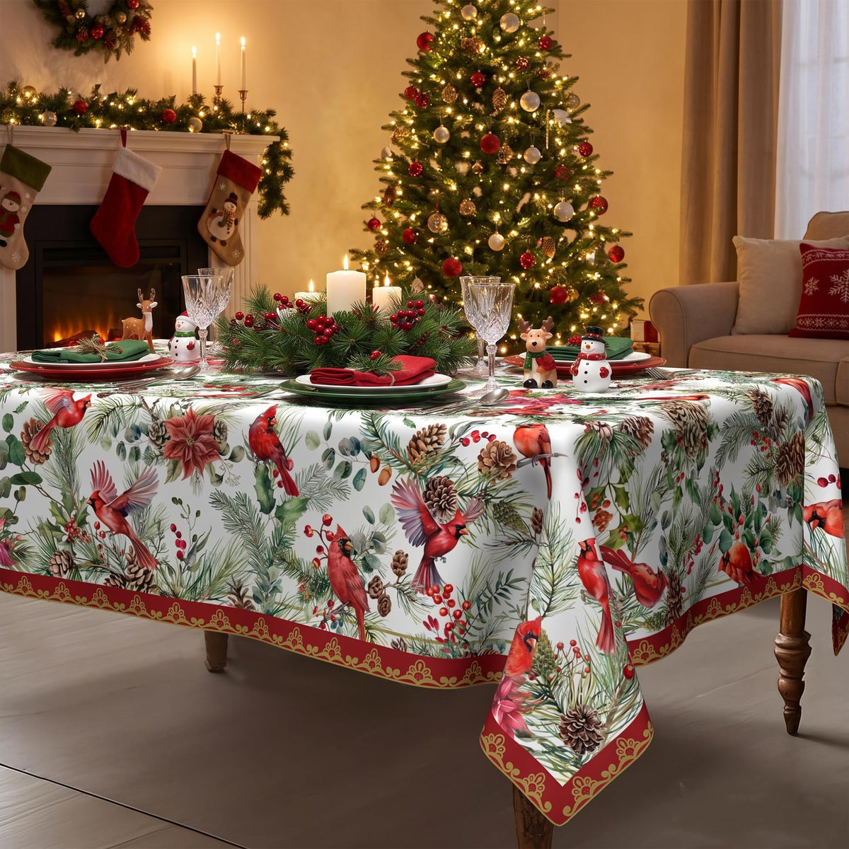 Christmas Tablecloth 60x84 Inch, Red Cardinal & Holly Berry Water Resistant Rectangular Table Cover, Rustic Winter