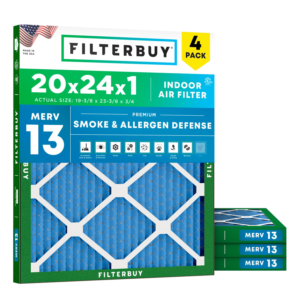 20x24x1 Air Filter MERV 13 Smoke & Allergy Defense (4-Pack)