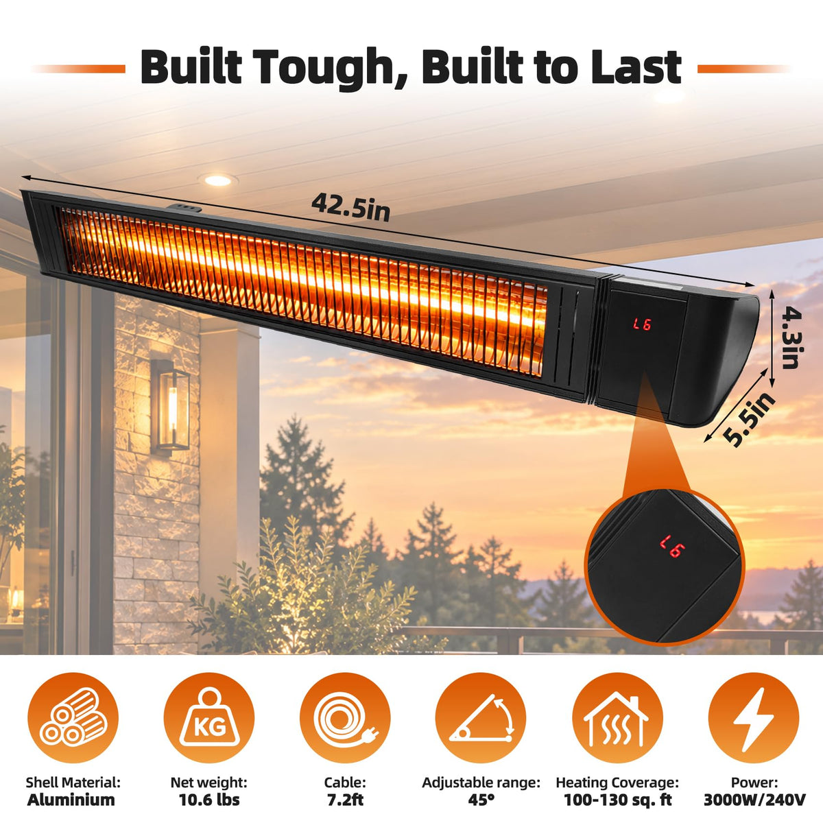 3000W Infrared Patio Heater, Carbon Fiber Tube