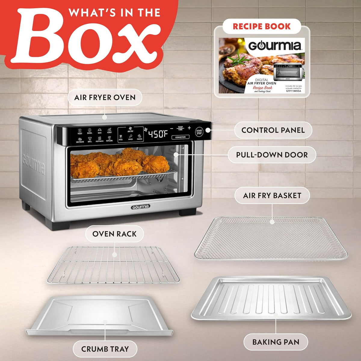 Toaster Oven Air Fryer - 4 Slice Capacity, Single Door, Digital Display, Air Fry, Toast & Dehydrate, Convection