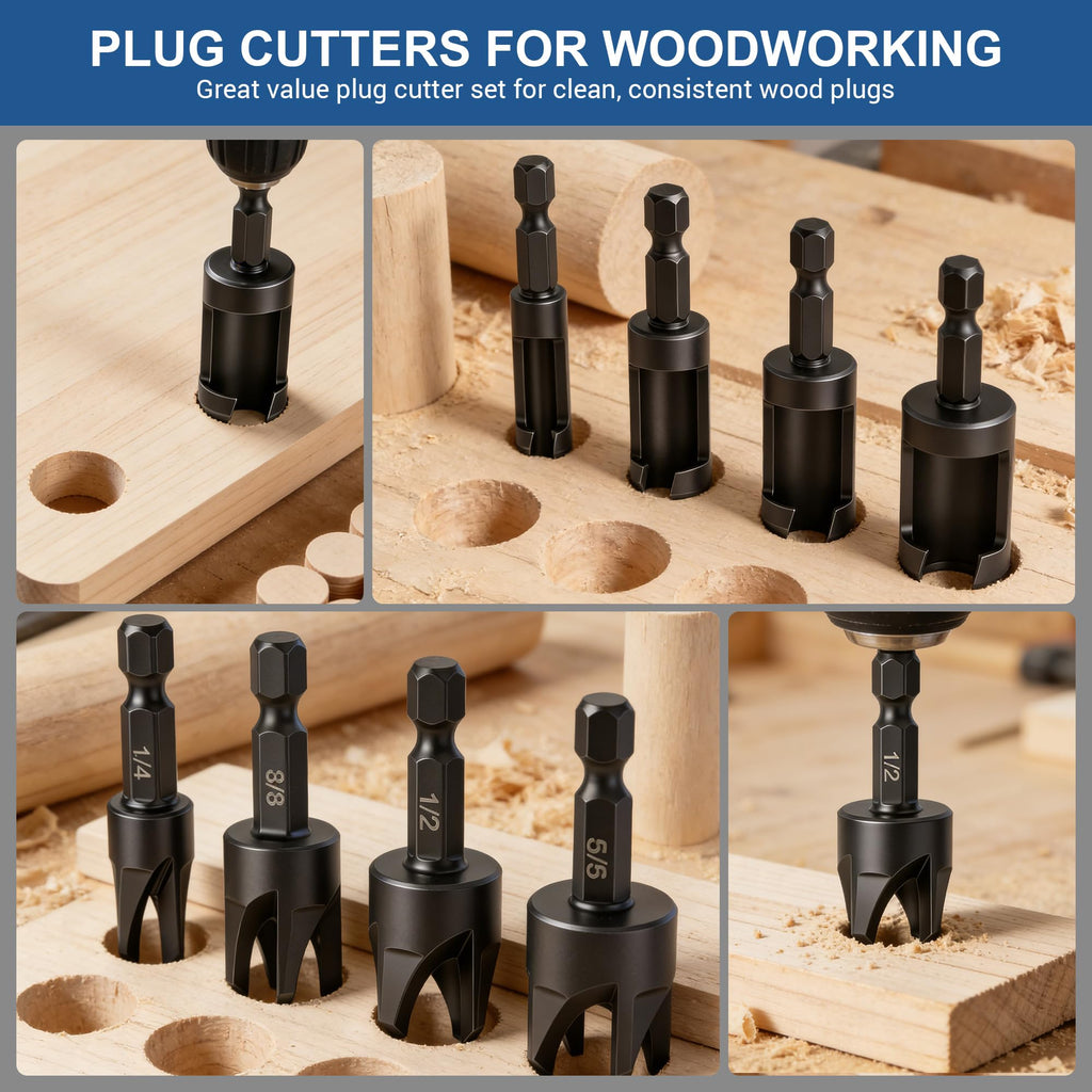 8 Pcs Wood Plug Cutter Set Carbon Steel Straight Tapered