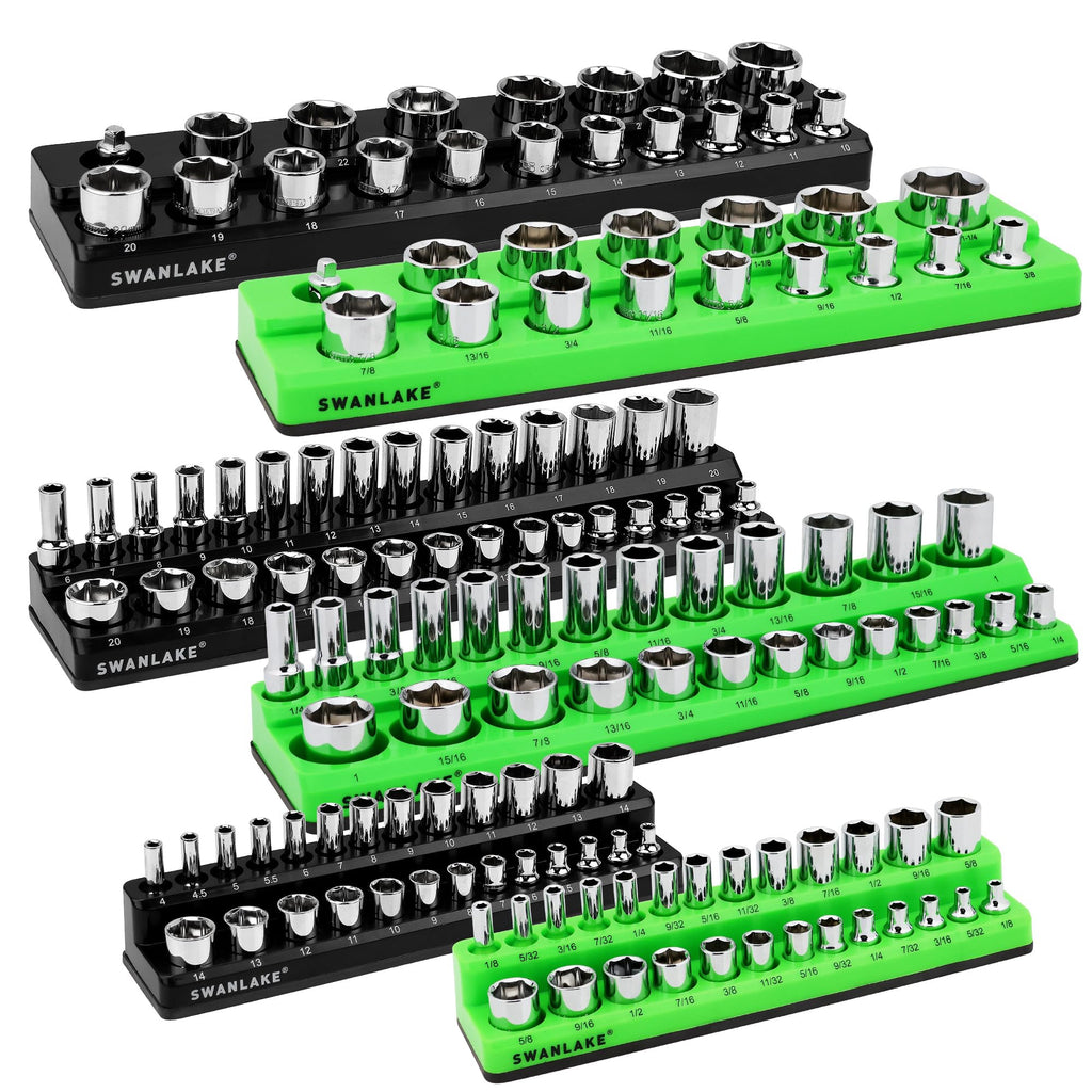 Magnetic Socket Organizer Set, 6-piece 1/4", 3/8", 1/2" SAE & Metric Sockets Holder, Drive Socket Trays, Storage Tool