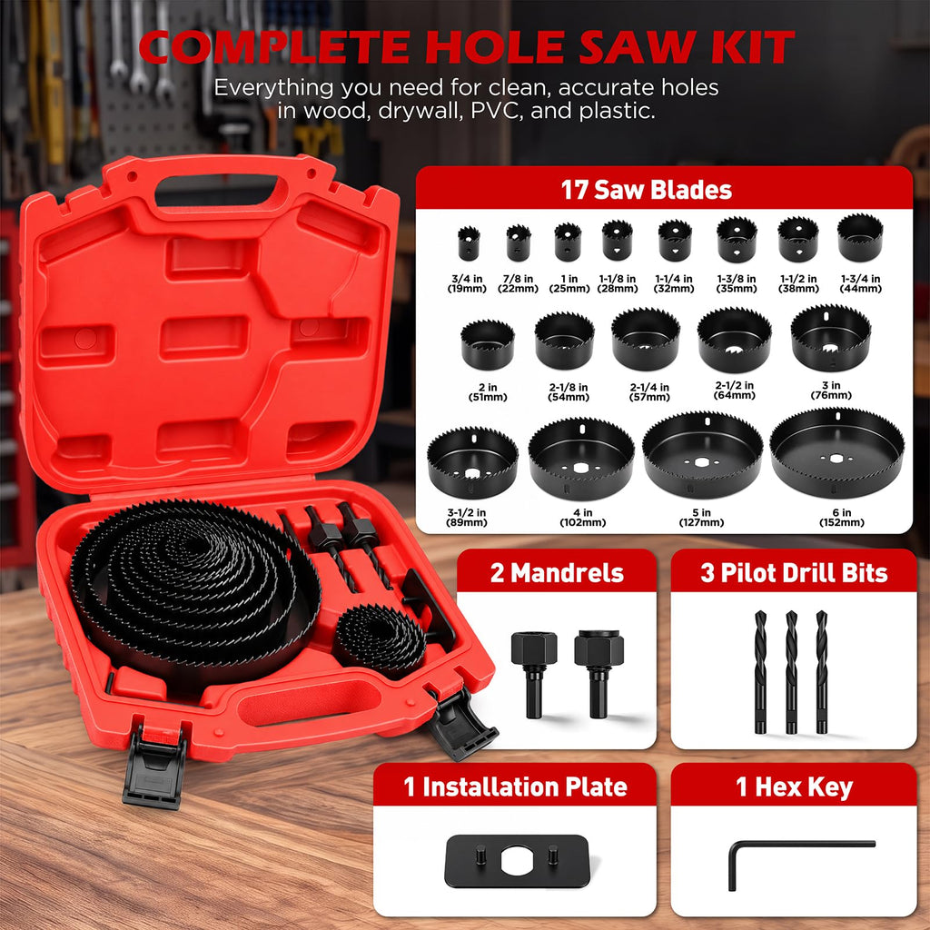 Hole Saw Kit 24PCS, 3/4"-6" for Drywall, Plywood, Softwood, PVC, Plastic