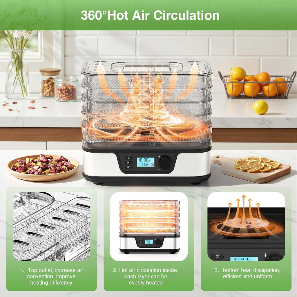 5-Tray Food Dehydrator with 72H Timer, Adjustable Temperature | Metallic Silver, BPA-Free Trays, 350W