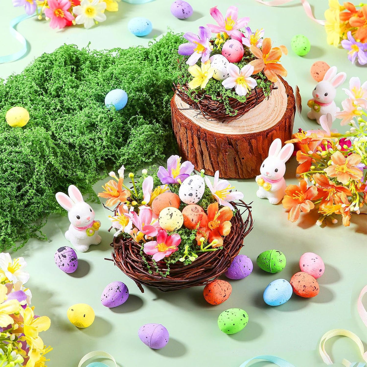 8 Sets Bird Nest Decor Kit Artificial Bird Rattan Nests with Colorful Eggs Moss Flowers DIY Faux Nest Spring Decor