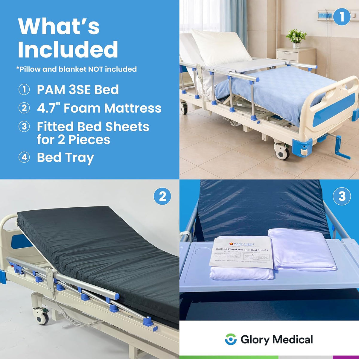 GloryMEQ Point A Tech PAM‑3SE Semi‑Electric Hospital Bed – 3‑Function Adjustable Home‑Care Bed with Bedside Controls