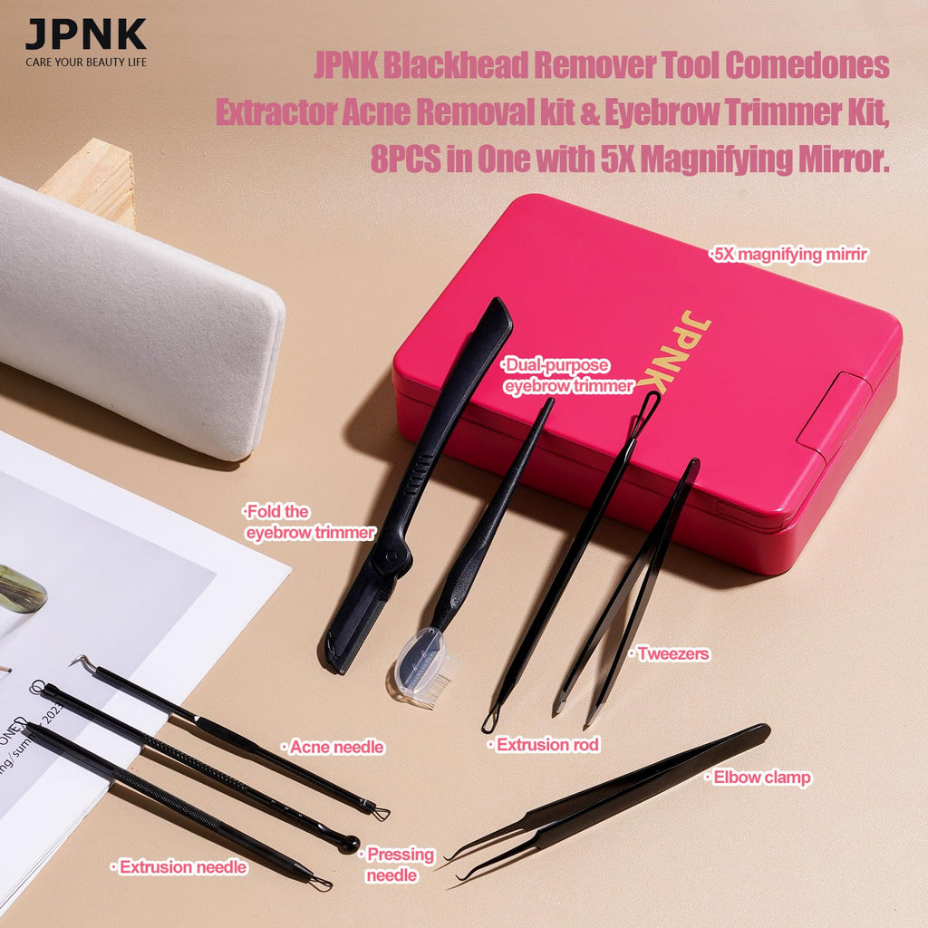 Blackhead Remover Tool Comedones Extractor Acne Removal kit & Eyebrow Trimmer Kit, 8PCS in One with 5X Magnifying