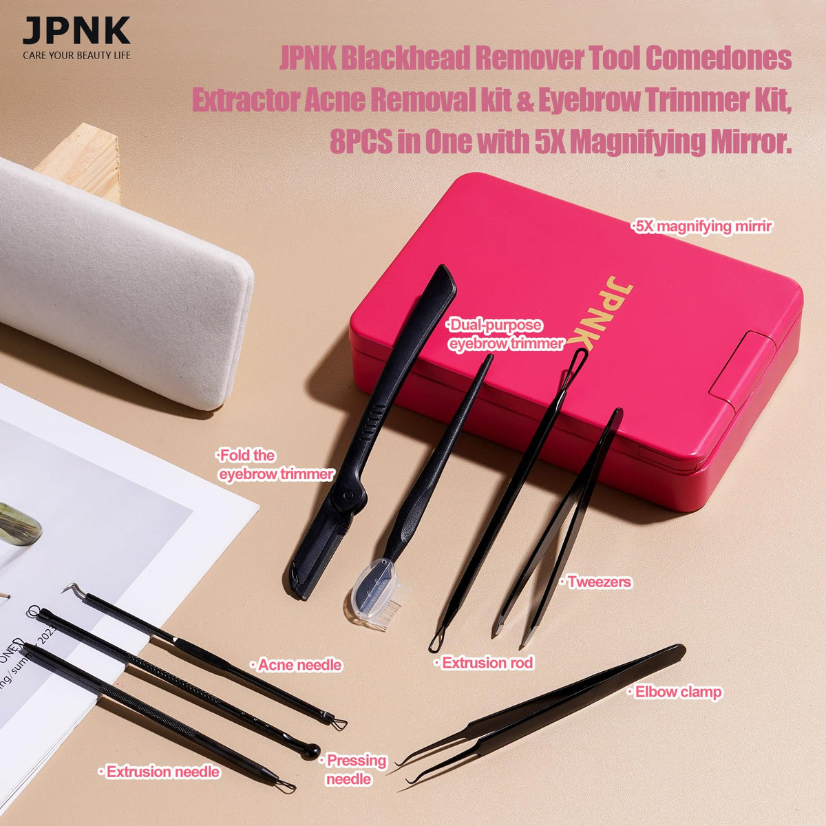 Blackhead Remover Tool Comedones Extractor Acne Removal kit & Eyebrow Trimmer Kit, 8PCS in One with 5X Magnifying