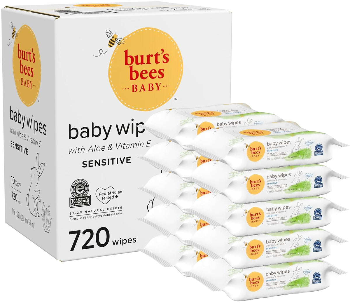 Burt’s Bees Baby Wipes, Unscented Natural for Sensitive Skin with Aloe and Vitamin E - 72 Baby Wipes – 10 Pack
