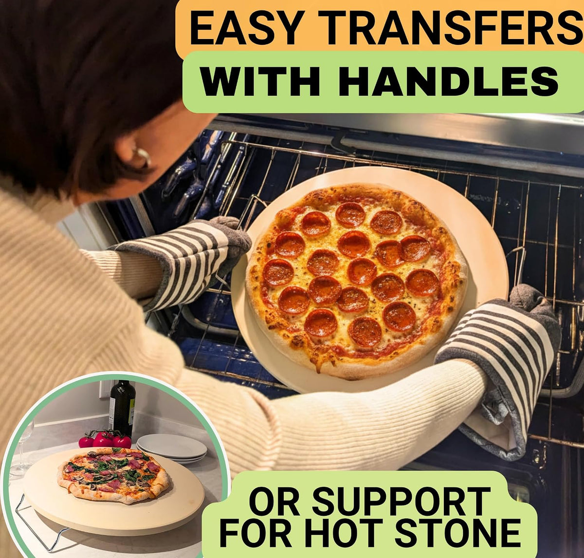 Large Pizza Stone for Oven 16 inch - Round Pizza Stone for Grill with Handles, Wood Pizza Peel and Cutter Set