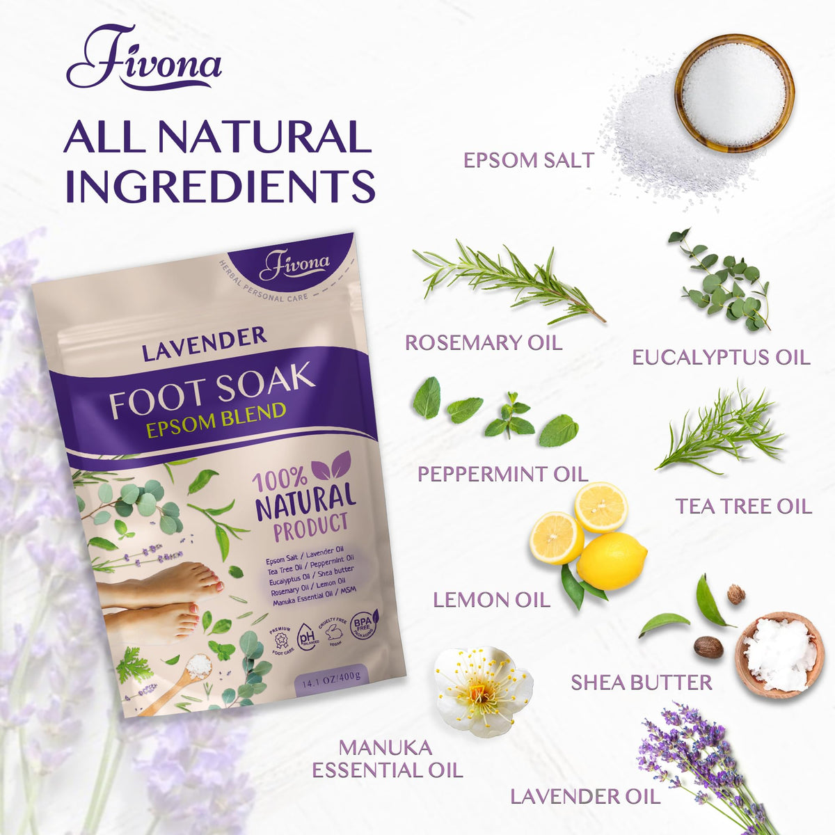 Foot Soak Blend Epsom Salt with Lavender 14.1 oz - Calming Foot Bath Salt, Relax & Renew Tired Feet, Soothe Soreness