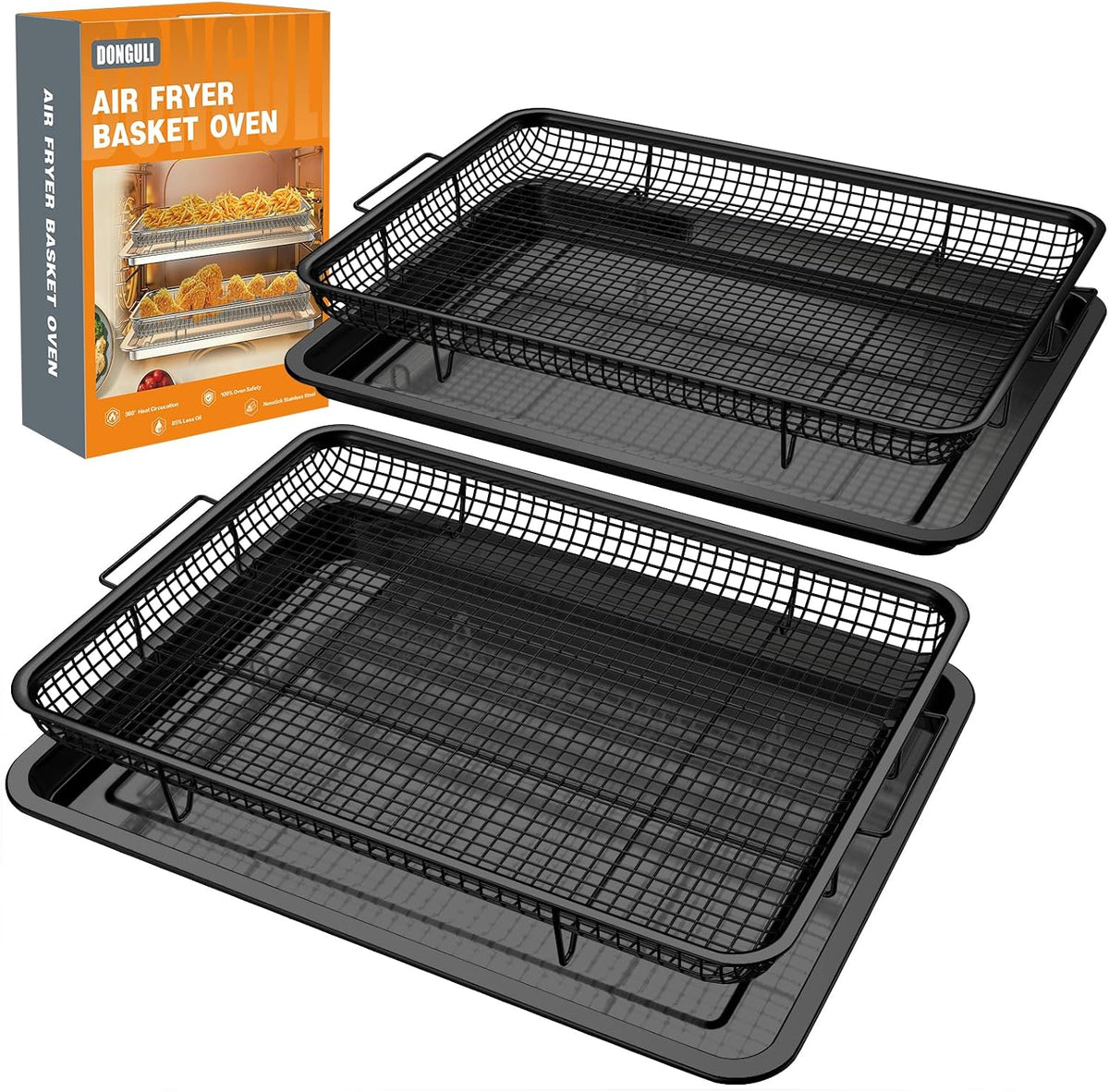 Air Fryer Basket Oven - 2 Set Large Air Fryer Basket and Tray Stainless Steel Oven Air Fryer Rack Pan Accessories for