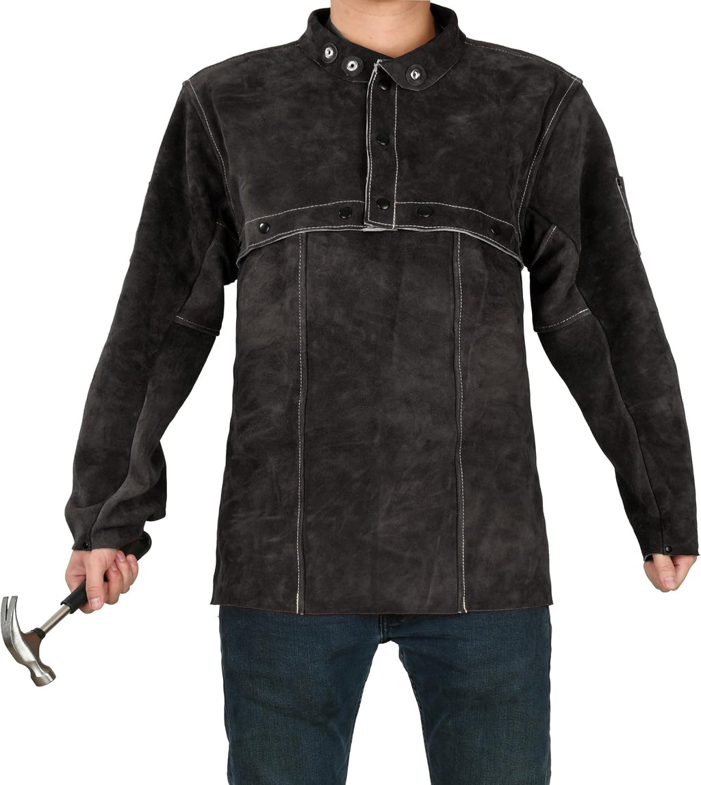 Leather Welding Jacket - Heat Flame Resistant Cape Sleeve Bib Apron | Heavy duty split cowhide weld coat, open back