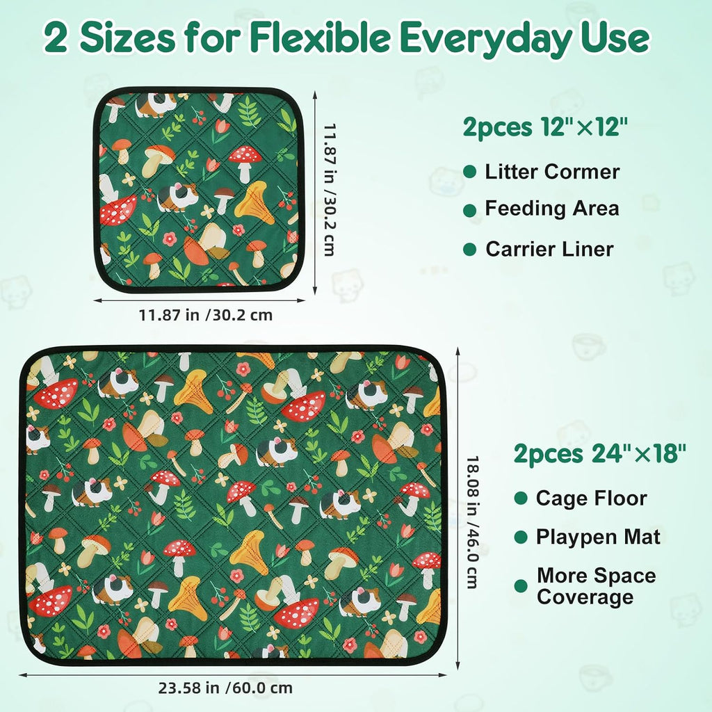 Washable Guinea Pig Cage Liners 4 Pack, Reusable Waterproof Fleece Pee Pads, 2 Sizes 12"x12"+24"x18" Small Animal
