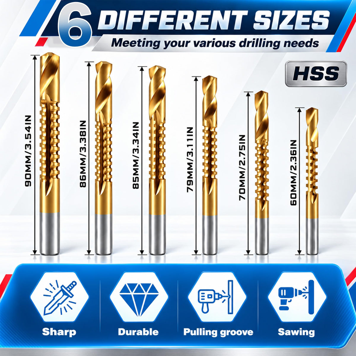 Titanium Coated HSS Twist Drill Bit Set for Metal, Wood & Plastic, 6Pcs