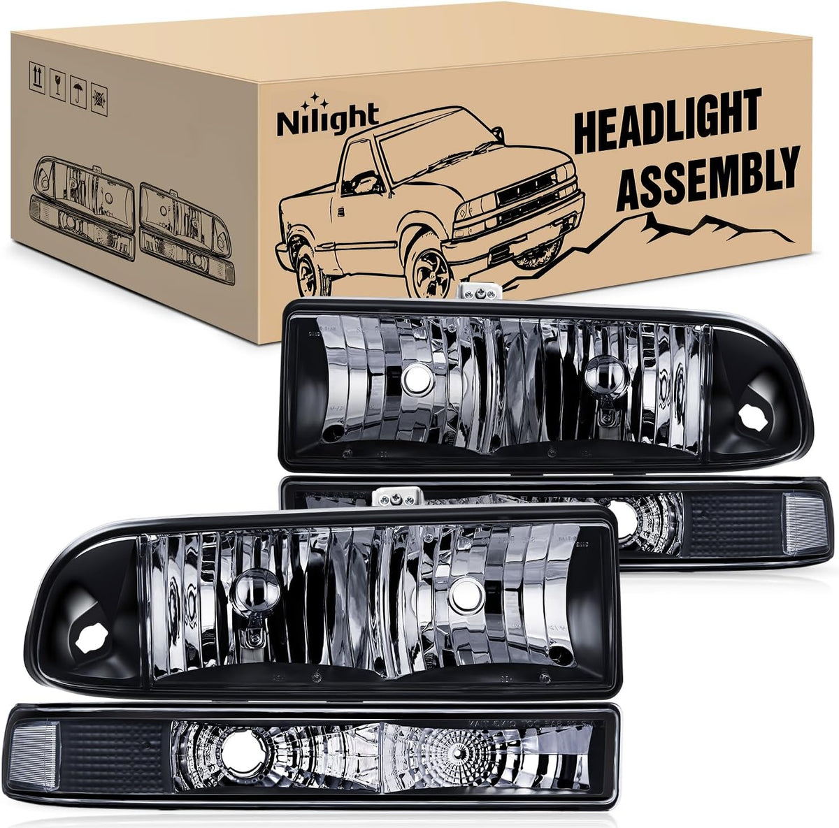 Nilight Headlight Assembly for 1998 1999 2000 2001 2002 2003 2004 2005 Chevy Blazer Headlights 1998-2004 Chevrolet S10 Pickup Replacement Headlamp Housing Bumper Lights