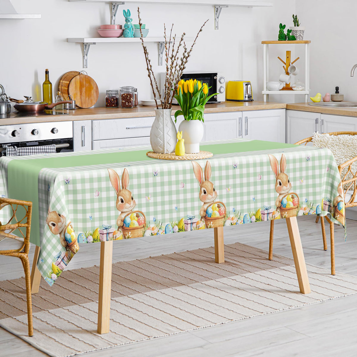 3 Pack Easter Tablecloths, 54" x 108" Disposable Easter Decorations, Sage Green Bunny Plaid Spring Tablecloth