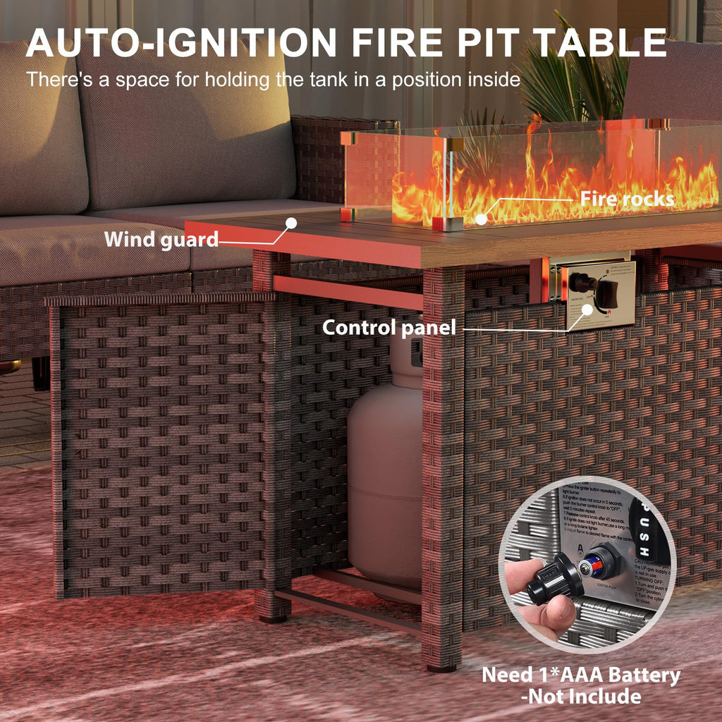 44" Fire Pit Table with Wind Guard for Outdoor, Auto-Ignition Propane Gas Firepits Rattan Rectangular Table for