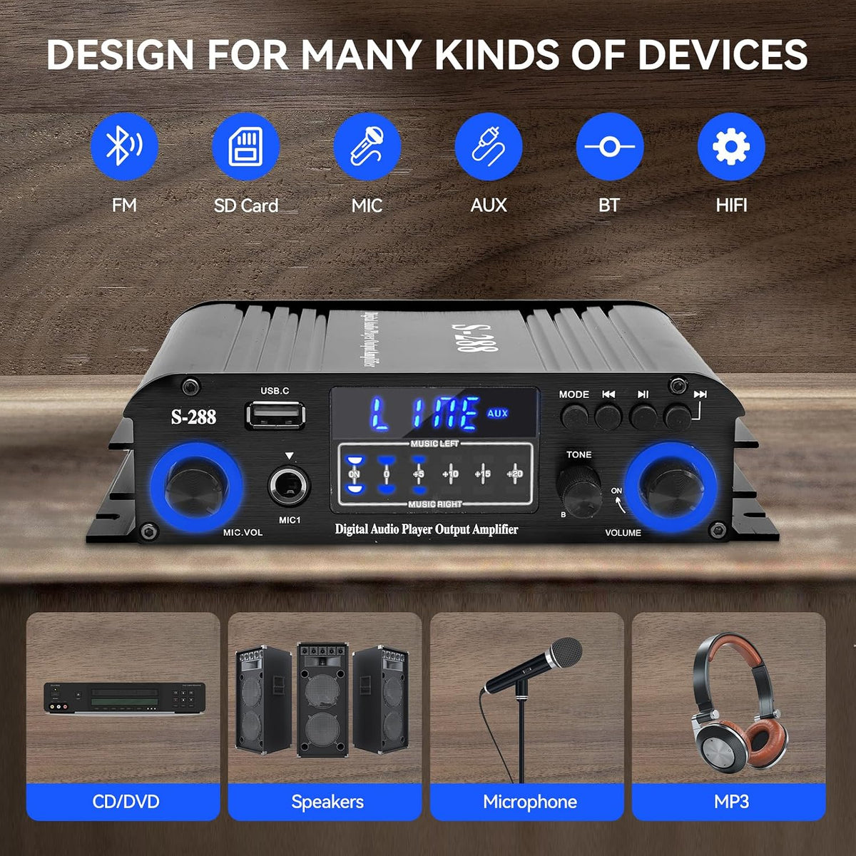 4 Channel Stereo Receivers Audio Home Amplifier Bluetooth 5.0, RMS 50Wx4 Max 1200W HiFi Power Amplifier, USB/SD/FM