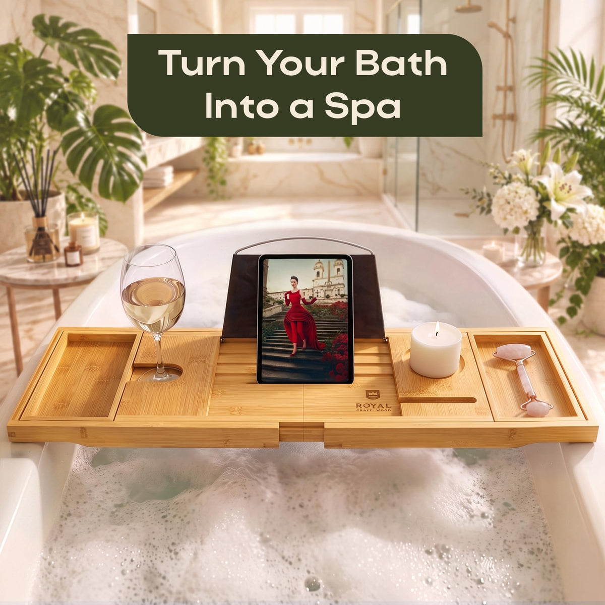 Premium Foldable Bathtub Tray Caddy - Wood Bath Tray for Tub, Bamboo Shelf, Expandable Bath Table Trays, Bathtub &