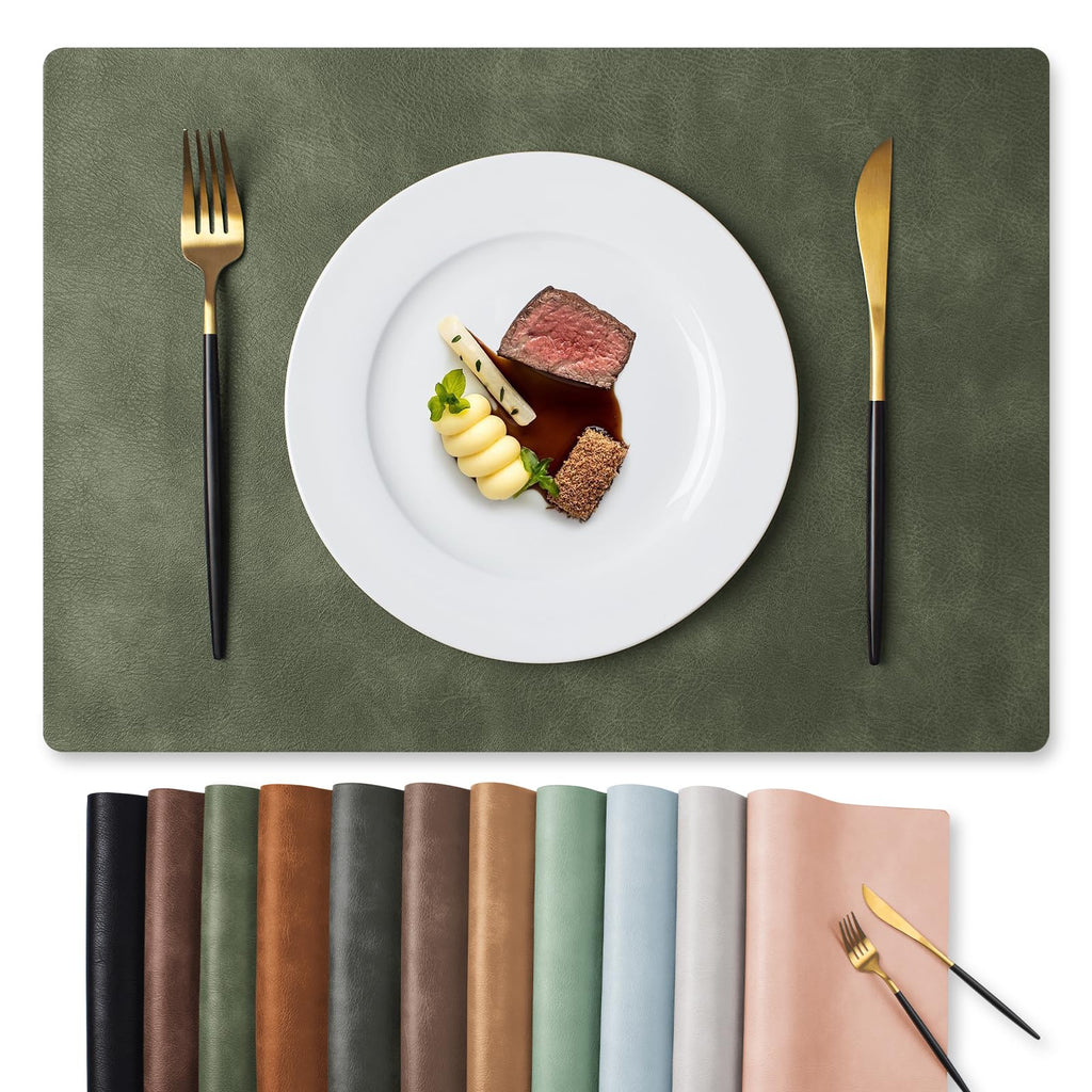 Vinyl Faux Leather Placemats, Set of 6, Olive Green