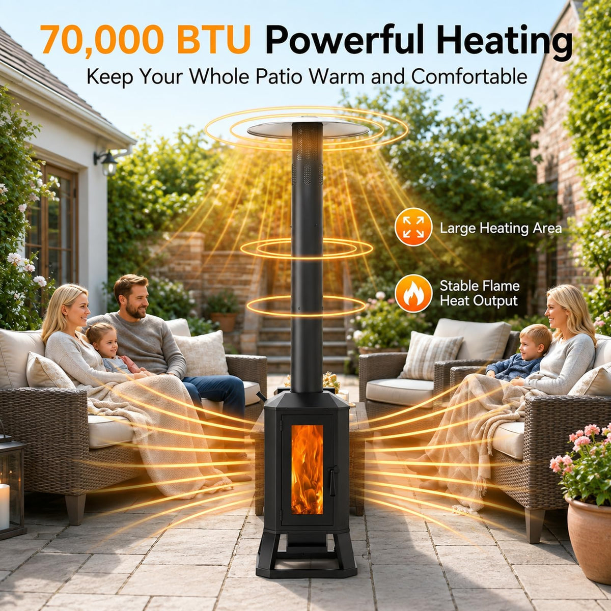 Wood Pellet Outdoor Patio Heater, 70,000 BTU, with Glass Viewing Window