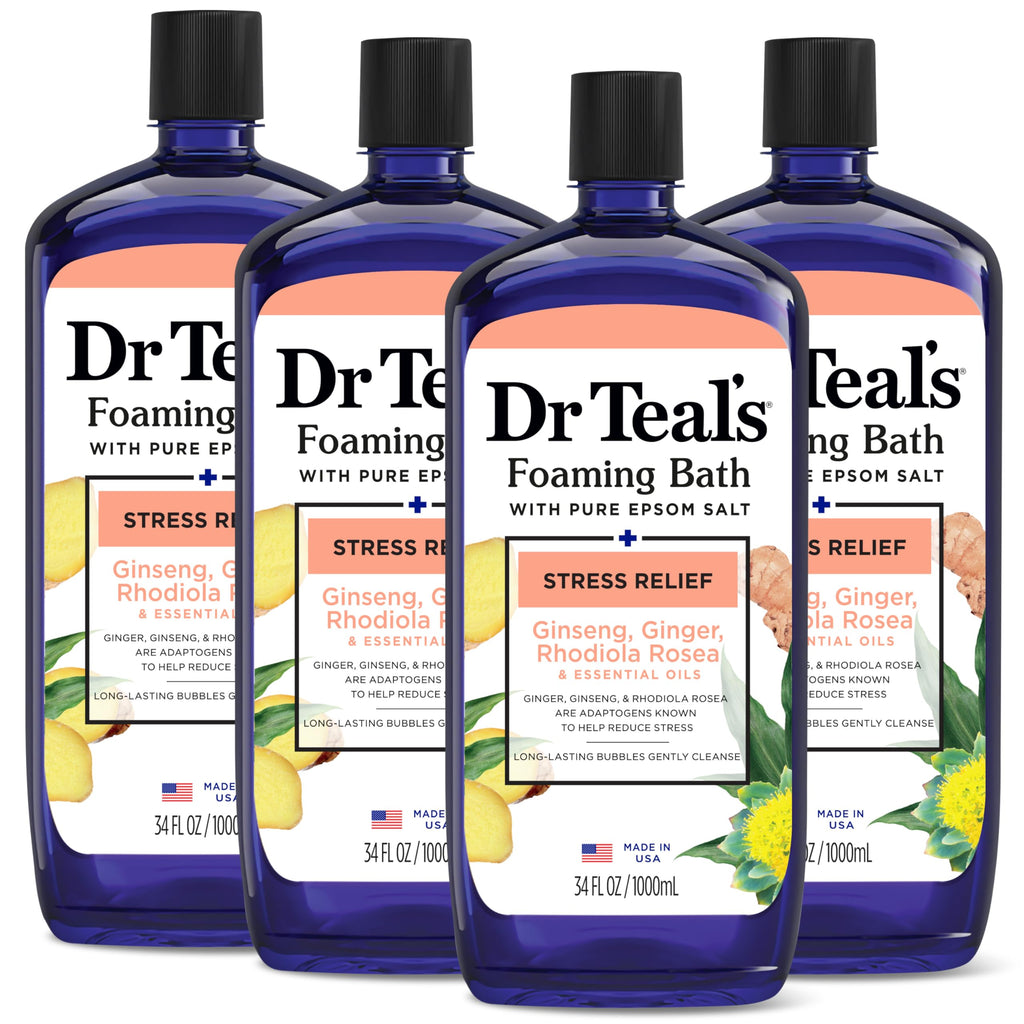 Foaming Bath with Pure Epsom Salt, Stress Relief with Ginseng & Ginger, 34 fl oz (Pack of 4)