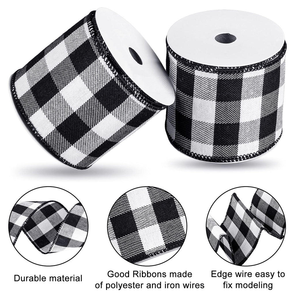 2 Rolls Wired Edge Plaid Ribbon Buffalo Check Ribbon White Black Plaid Ribbon 2.5" Wide Farmhouse Craft Ribbon for