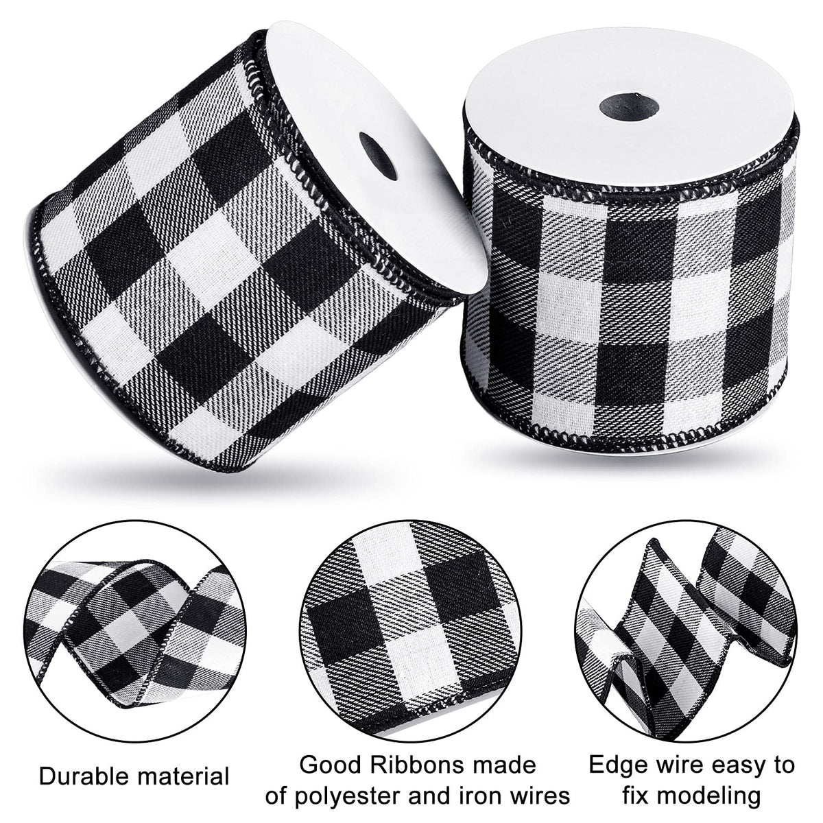 2 Rolls Wired Edge Plaid Ribbon Buffalo Check Ribbon White Black Plaid Ribbon 2.5" Wide Farmhouse Craft Ribbon for