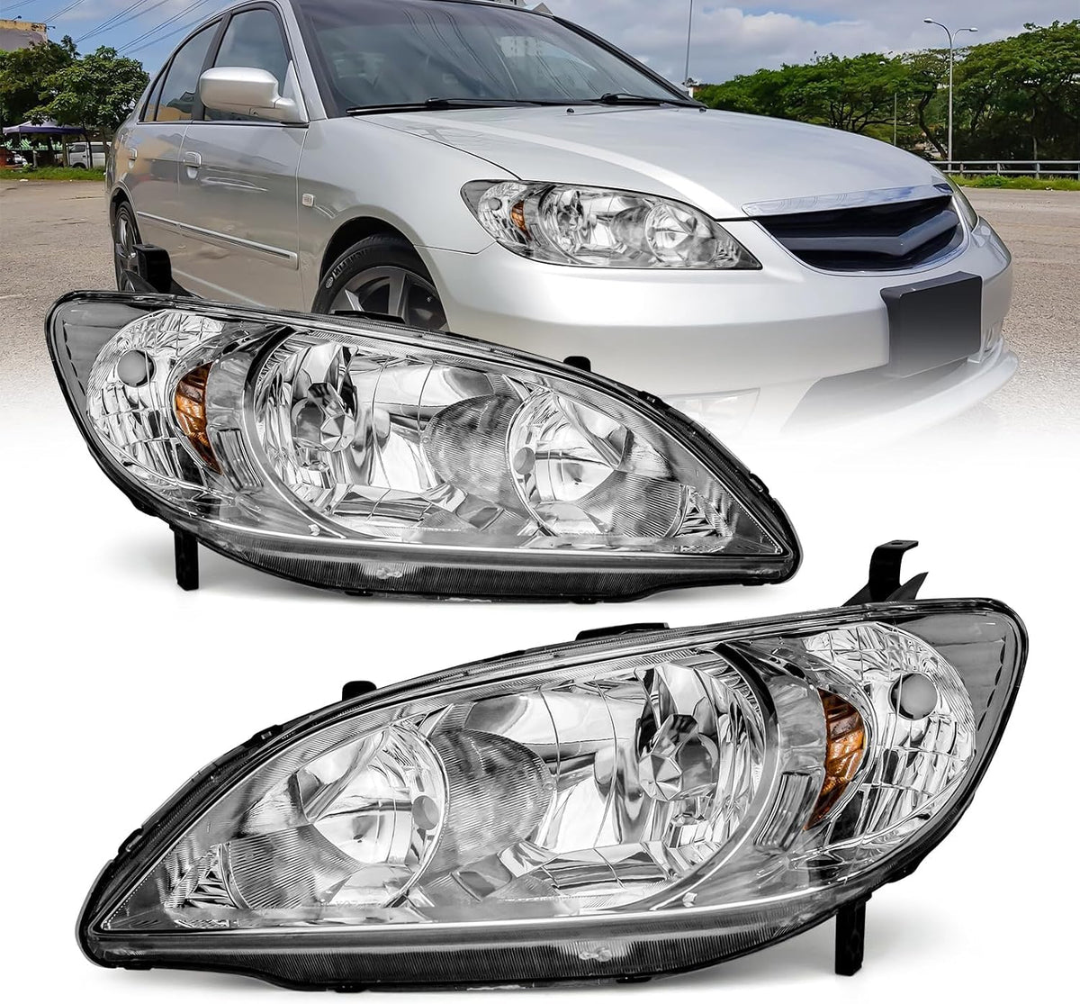 for 2004-2005 Honda Civic Headlights Assembly Chrome Pair