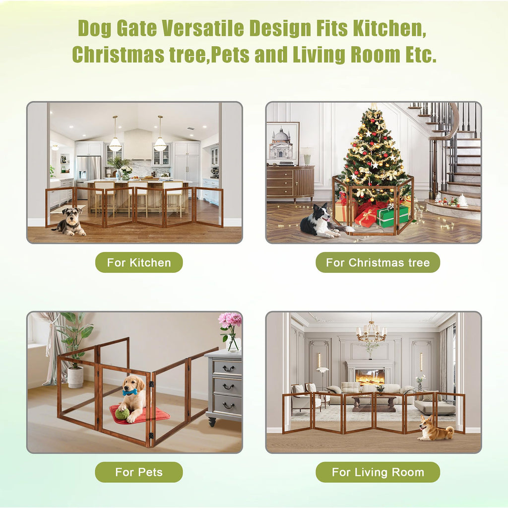 Clear Acrylic Freestanding Indoor Pet Barrier Gate with Modern Folding Frame for Wide Doorways, Hallways & Stairs