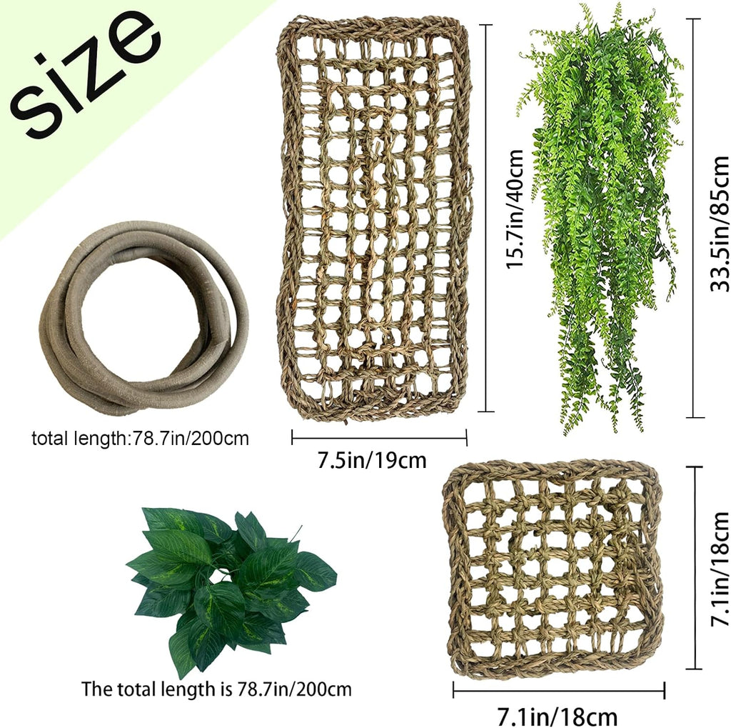 Bearded Dragon Tank Hammock,Natural Seagrass Reptile Lounger Hammocks Decor Flexible Leaves Jungle Climber Vines
