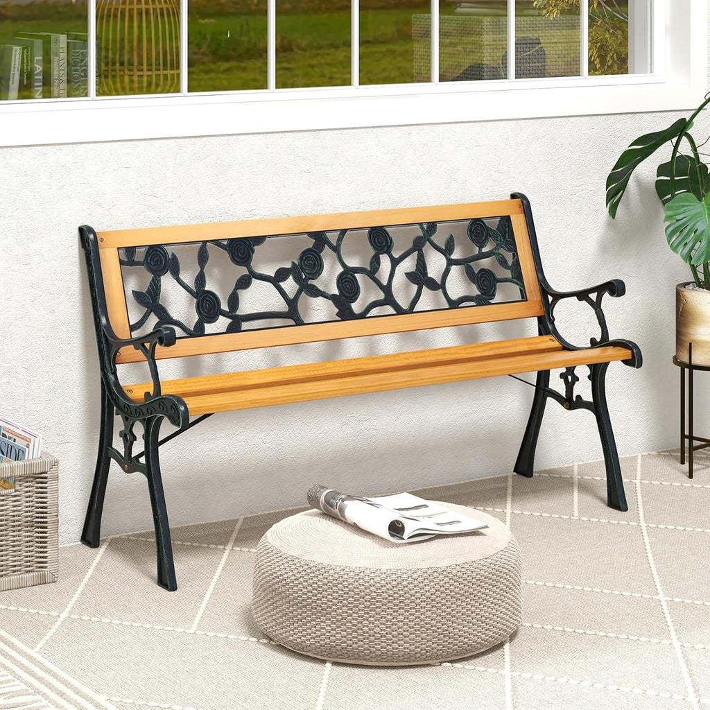 Outdoor Garden Bench Park Bench, Patio Iron Bench Chair with Cast Iron & Hardwood Structure, Weather Proof Porch