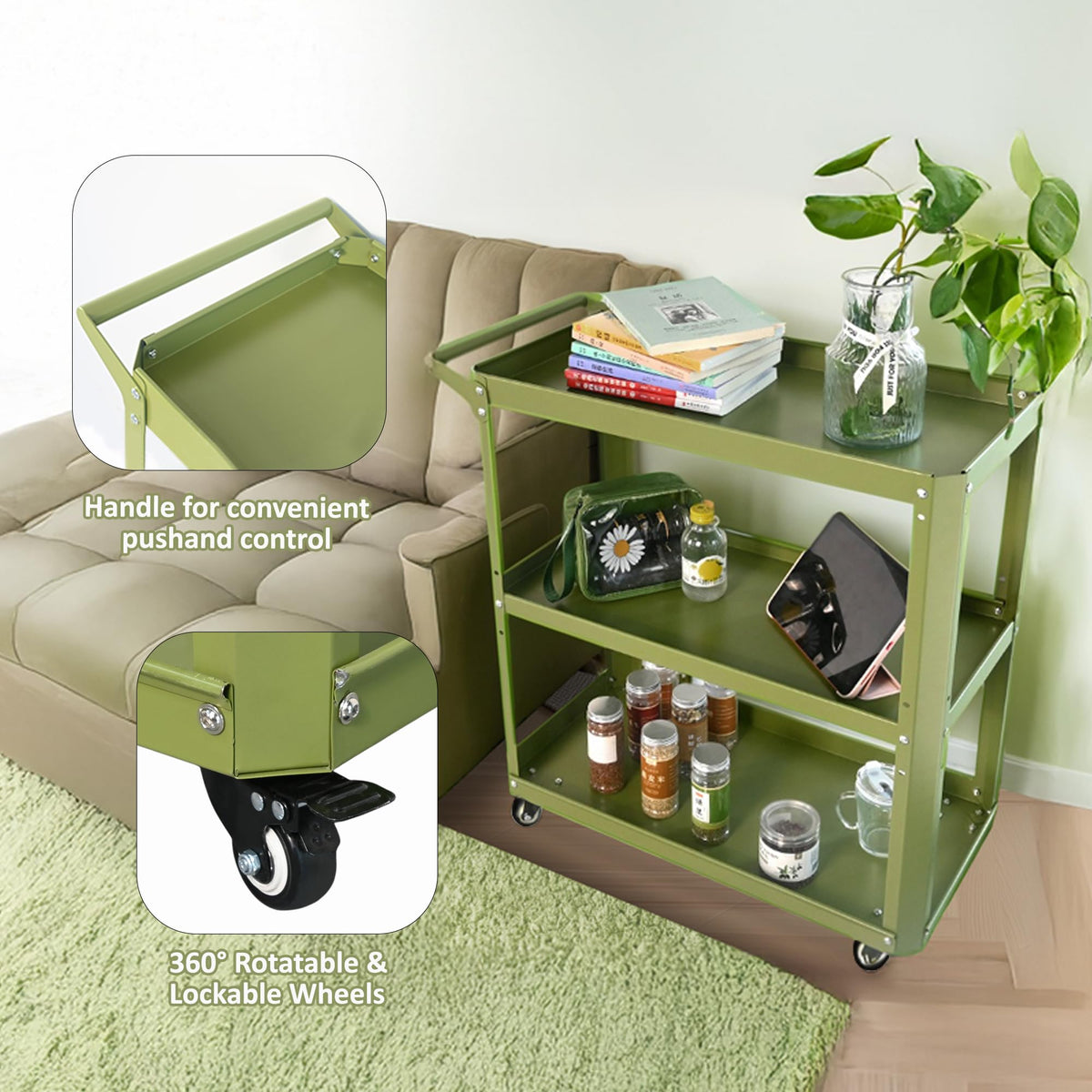 3 Tier Metal Utility Rolling Cart with Wheels, Green