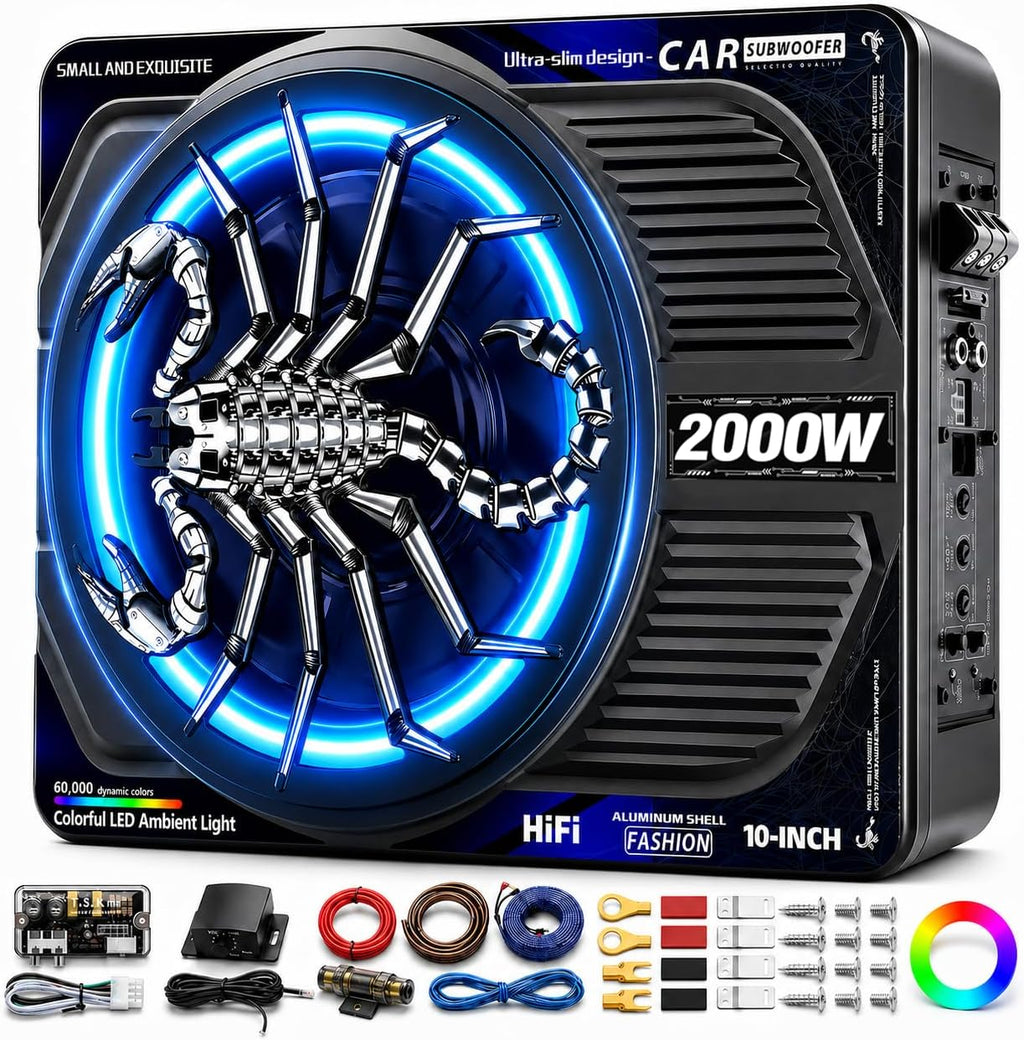 2000W 10 Inch Underseat Car Subwoofer and Amp Package, Slim Powered Under Seat Sub with Built-in Class D Amp, RGB