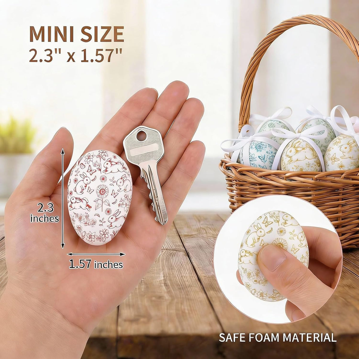 24 Pcs Easter Eggs Hanging Ornaments, Colorful Foam Easter Hanging Eggs Decorations with Bow Bunny and Floral Designs