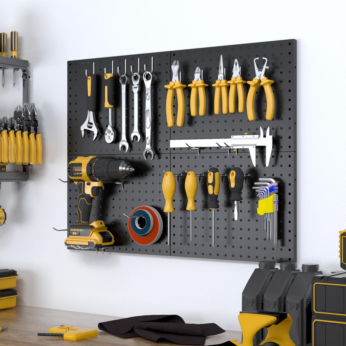 Peg Board, 4 Pack Metal Black Pegboard Panels with 50 Hooks