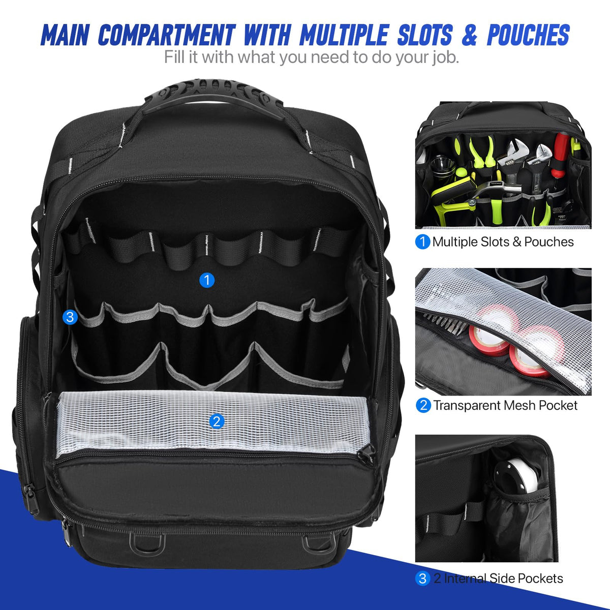 Tool Backpack,Heavy Duty Tool Bags for Men,Tool Storage Organizer Bag With 3 Tool Pouches for