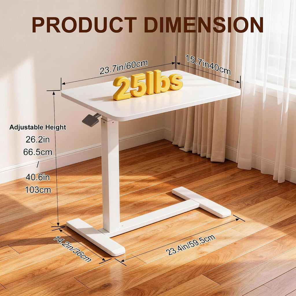 Overbed Table with Pneumatic Height Adjustment, Hidden Casters Rolling Bedside Table, Hospital Bed Table Mobile