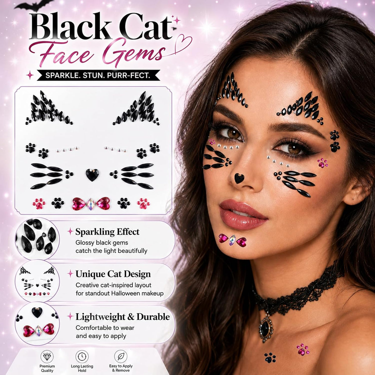 Crystal Cat Face Gems Stickers, 2-Sheet Cat Print Gem Jewels