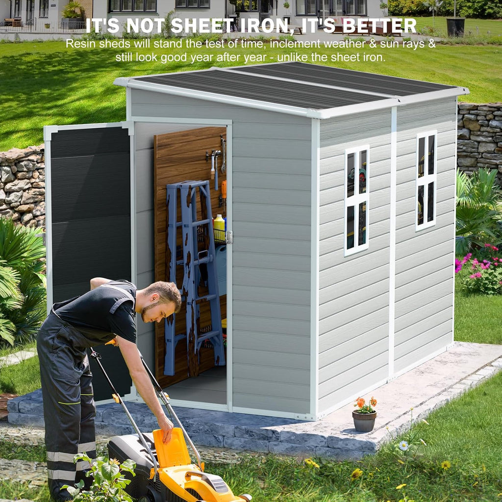 4x8 FT Plstic Resin Outdoor Lean to Shed with Floor Included | Waterproof Storage Sheds, Lockable Door,2