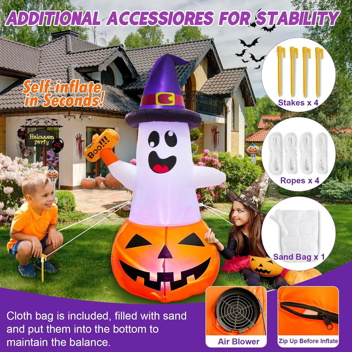5FT Halloween Inflatables Decorations Outdoor Pumpkin Ghost with Multi-Color Flashing Build-in LED Blow Up Yard Decor