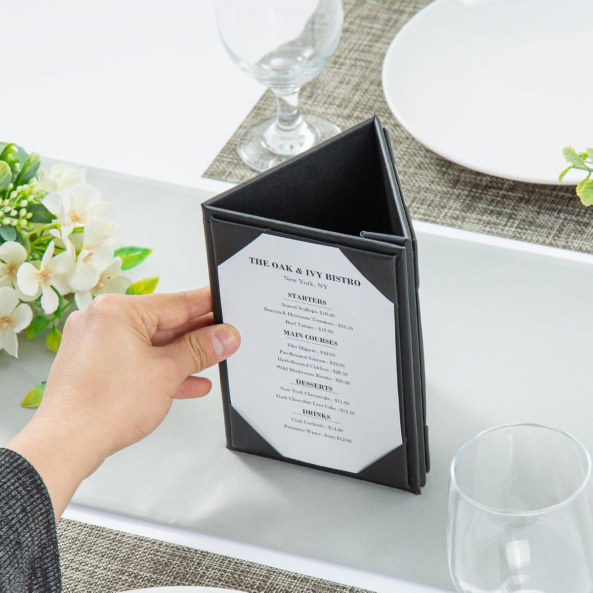 4 x 6 in Black Triangular Menu Table Tents, 3-View, 12 Count