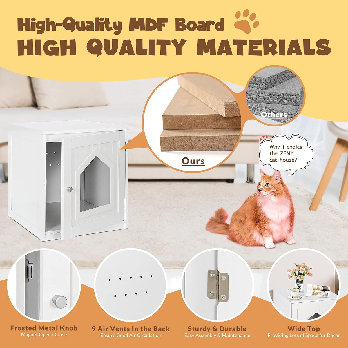 Cat House & Side Table, Pet Cat Litter Box Enclosure with Vent Holes, Wooden Enclosed Cat Washroom, White