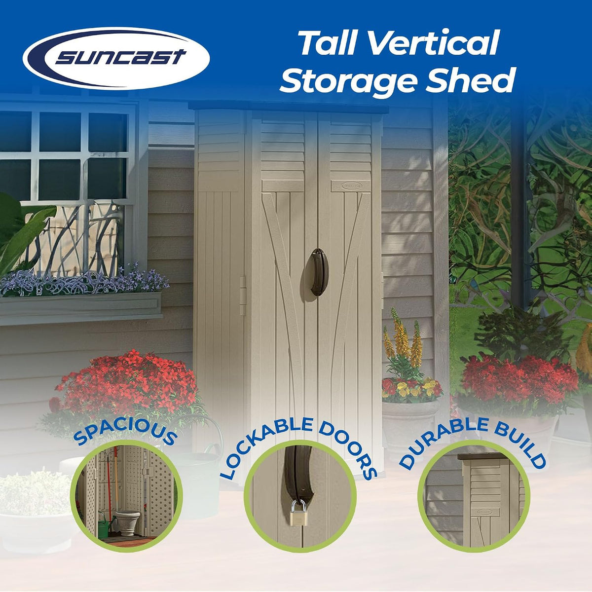 Vertical Shed, Compact Outdoor Storage System, 22 Cu. Ft. Capacity, Sand & Mustang - Lockable Multi-Wall Resin