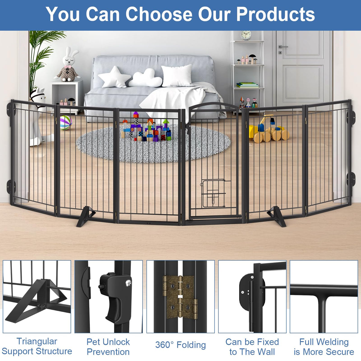 36" Tall x 120" Freestanding Heavy-Duty Steel Folding Pet & Dog Barrier Gate with Support Feet for Wide Indoor Openings, Hallways & Stairs