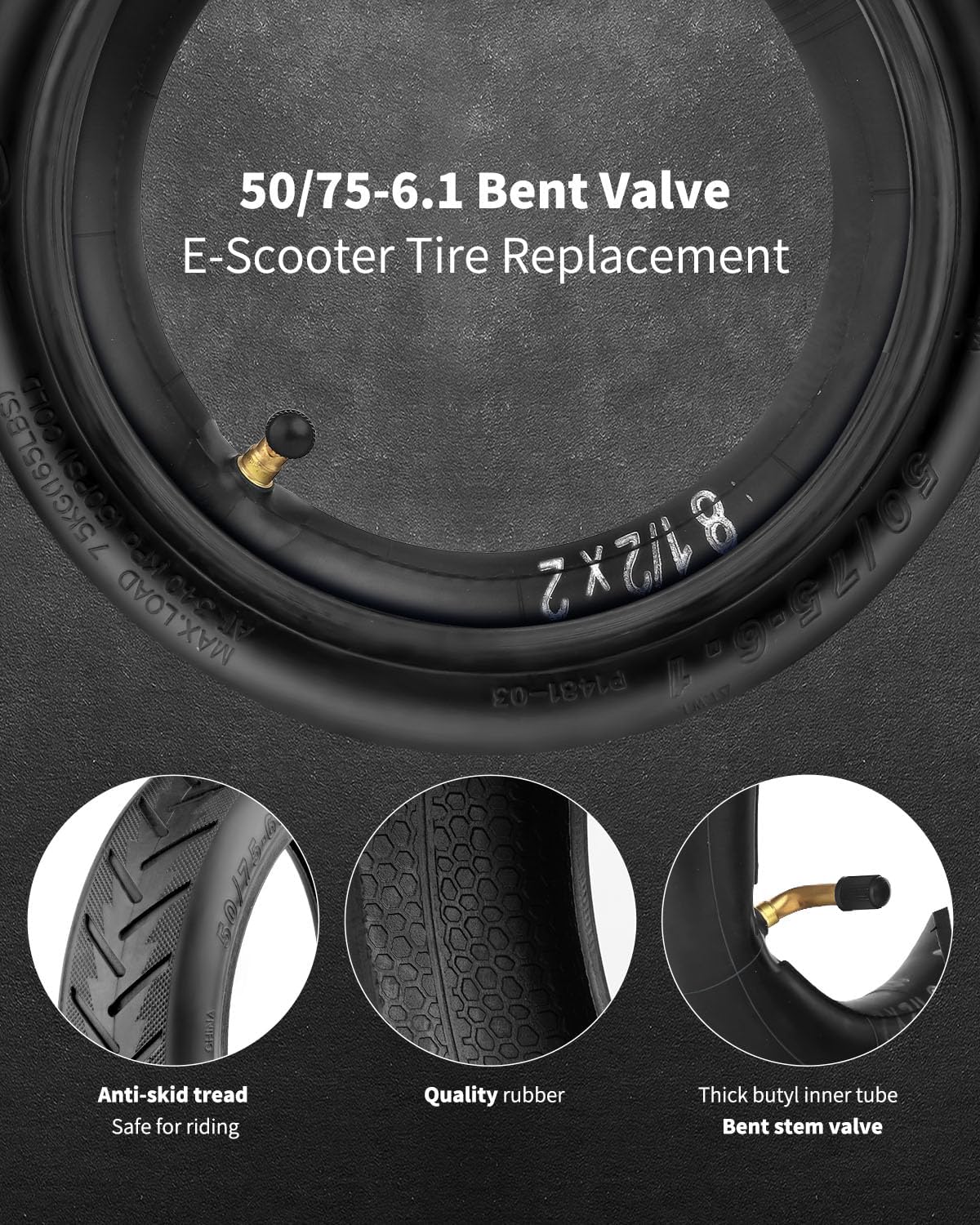 8.5 Inch Tire Tube Bent Valve 50/75-6.1 Scooter Rear Tire Replacement for Gotrax/Xiaomi Etc Electric Scooters, Thickened 8.5x2 Inner Tube Bent Valve 90 ° （1 Set）