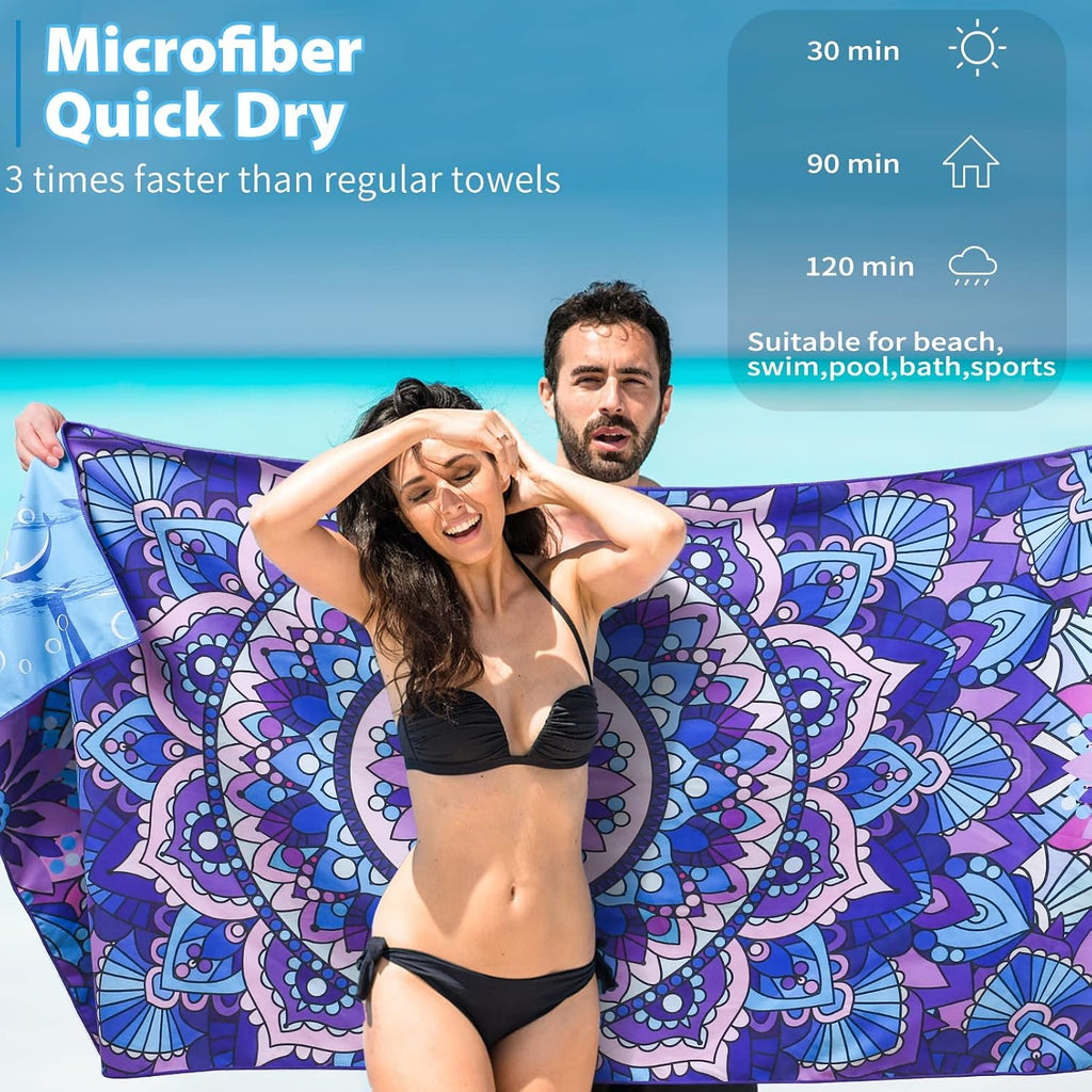 Microfiber Beach Towel Extra Large 71x32 inches Boho Mandala Print | Thin Lightweight, Sand Free Super Absorbent