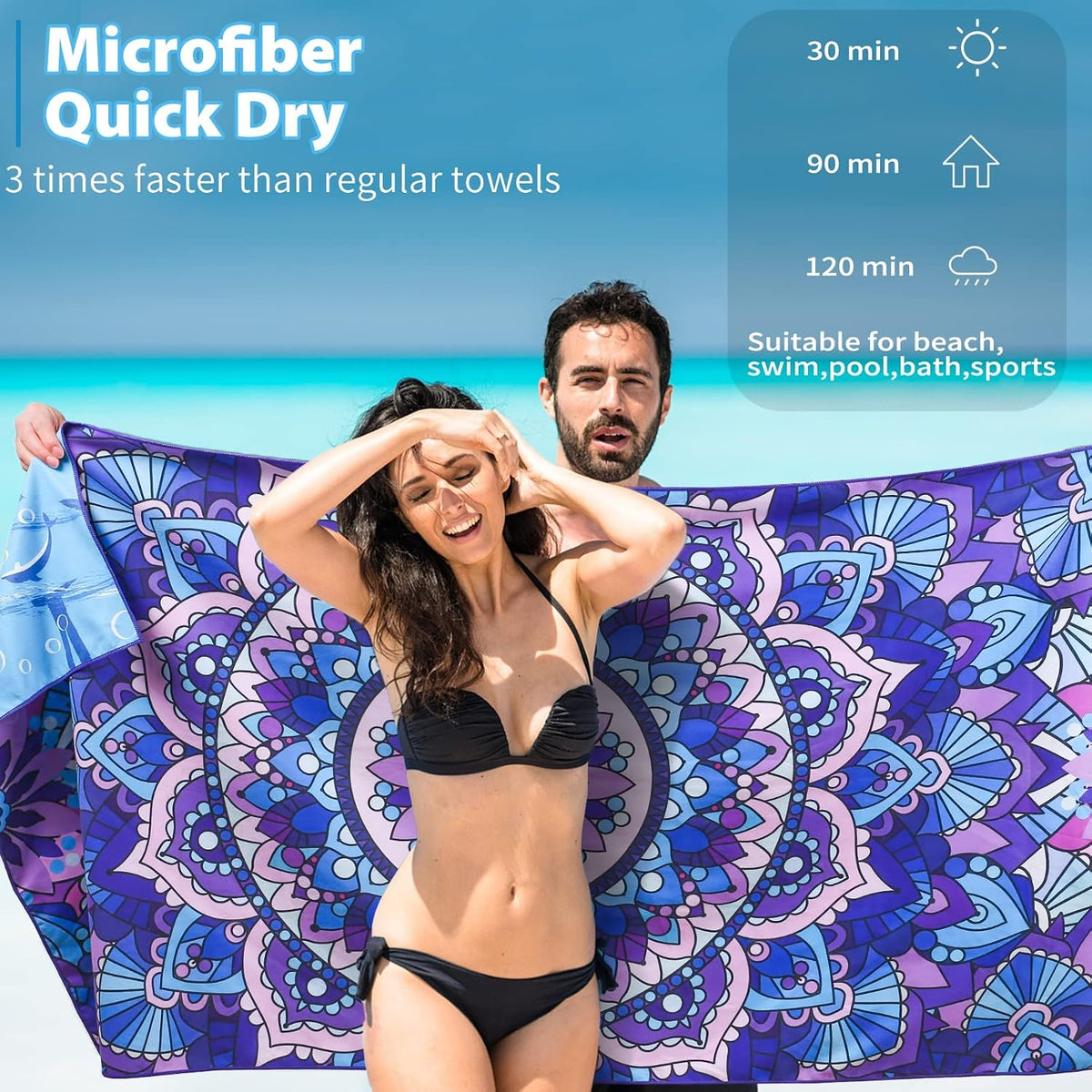 Microfiber Beach Towel Extra Large 71x32 inches Boho Mandala Print | Thin Lightweight, Sand Free Super Absorbent