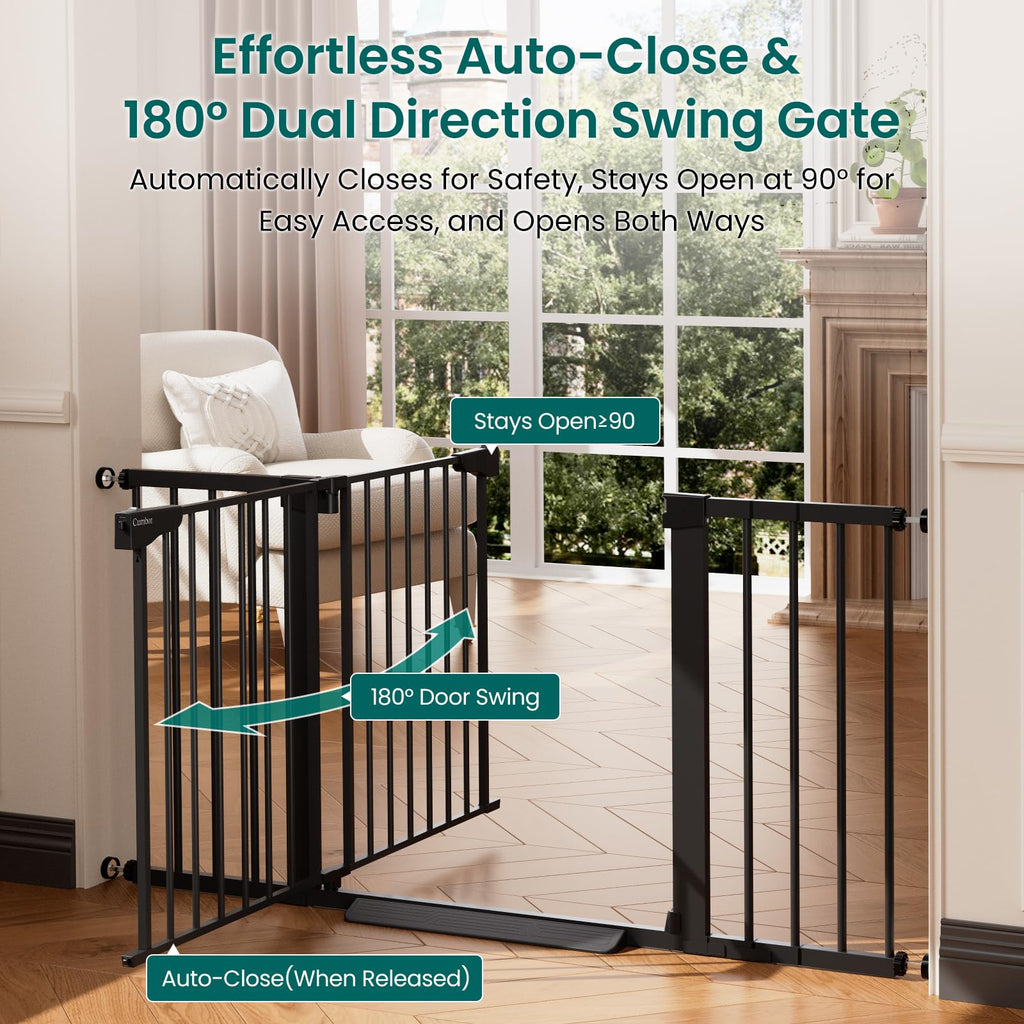 30-54" Extra-Wide Adjustable Hardware/Pressure-Mounted Pet & Child Safety Gate with Auto-Close Walk-Through Door for Stairs, Hallways & Wide Doorways — Black